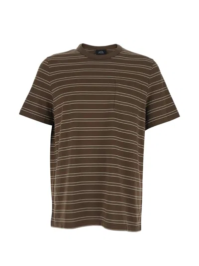 Apc A.p.c. Men Brown Crew Neck T-shirt With Striped Motif And Front Logo In Cotton Man