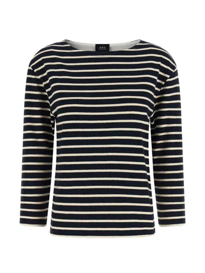 A.p.c. Navy Striped Three-quarter Sleeve T-shirt In Blue