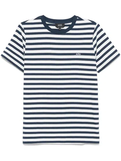 Apc A.p.c. Men Blue T-shirt With Striped Motif And Logo Embroidered On The Front In Cotton Man In White