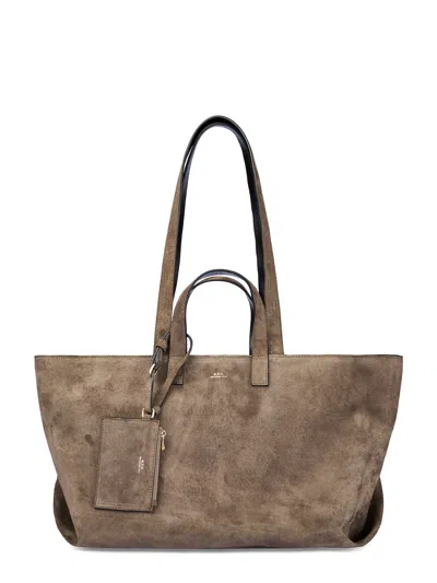 A.p.c. Structured Suede Leather Tote Bag With Gold Accents In Brown