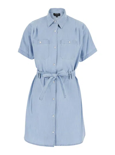 Apc A.p.c. 'suzanne' Light Blue Dress With Patch Pockets On The Chest And Waist Belt In Cotton Woman In Multicolor
