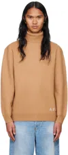 Apc Logo Wool Knit Turtleneck Sweater In Brown
