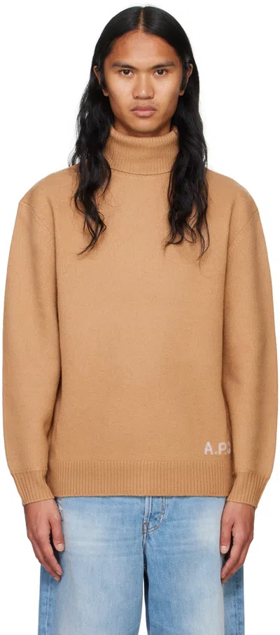 Apc Logo Wool Knit Turtleneck Sweater In Brown