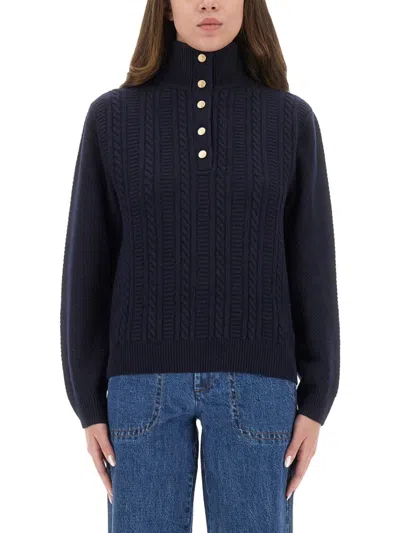 Apc A.p.c. Textured Cable Knit Regular Fit Shirt With High Neck In Blue