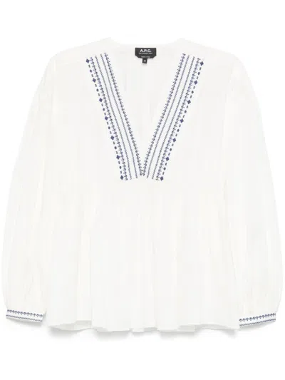 Apc A.p.c. V-neck Blouse With Buttoned-cuff Sleeves In White