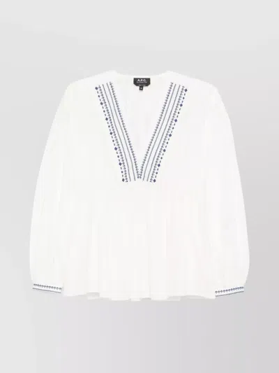 APC VERA EMBROIDERED PEPLUM V-NECK BLOUSE
