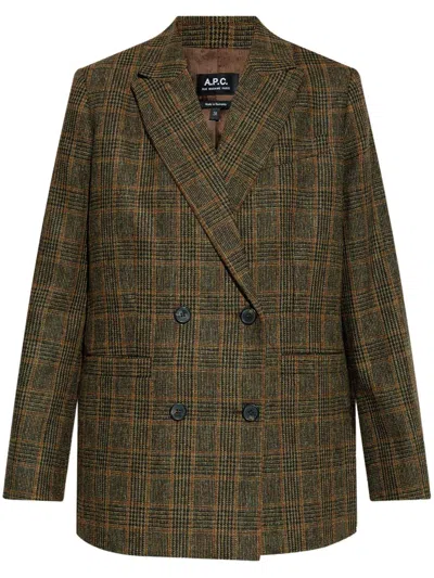Apc Checked Wool Double-breasted Blazer In Brown