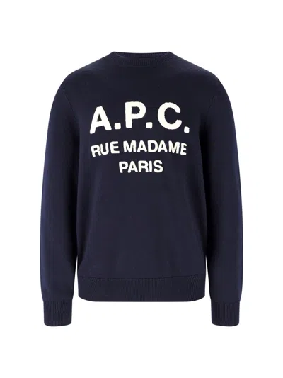A.p.c. Navy Blue Crewneck Sweater With Ribbed Finishes And Logo Detail In Multi
