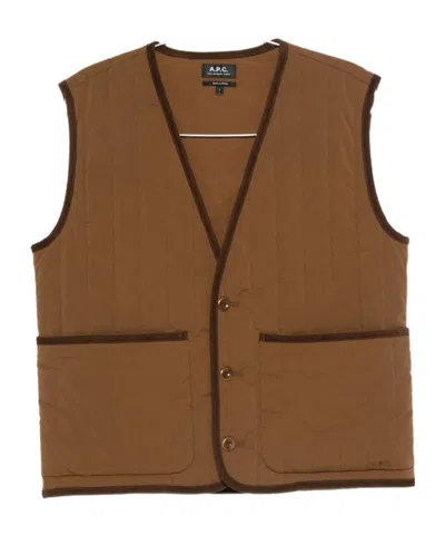 Apc V-neck Quilted-pattern Gilet In Brown