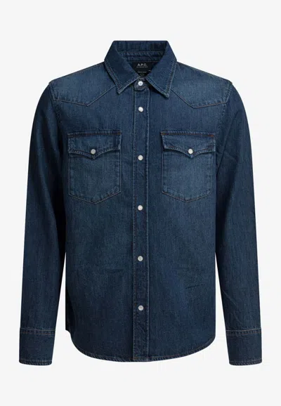 A.p.c. Long Sleeve Denim Shirt With Chest Pockets In Blue
