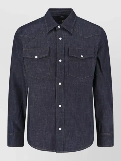 Apc Western Yoke Shirt Long Sleeves Chest Pockets In Blue