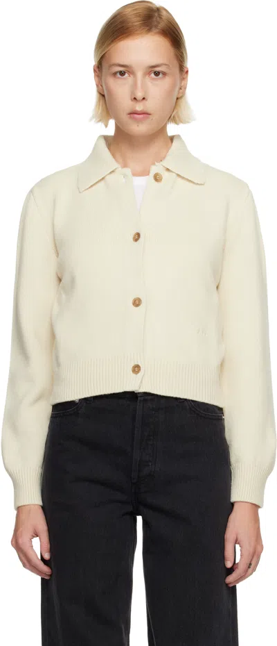 Apc Cropped Wool Knit Cardigan With Classic Collar And Structured Silhouette In Neutral