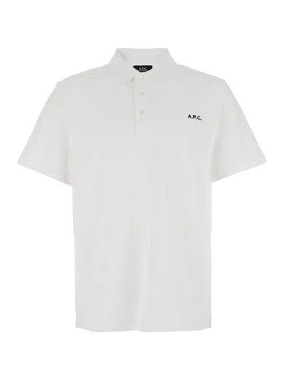 Apc A.p.c. White Polo Shirt With Classic Collar And Logo Embroidery On The Front In Cotton Man