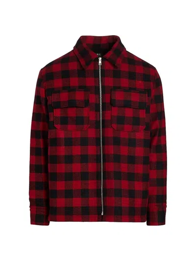 Pre-owned Apc A.p.c Wool Blend Plaid Shirt Jacket Men's S Red/black Full-zip Front Pocket L/s