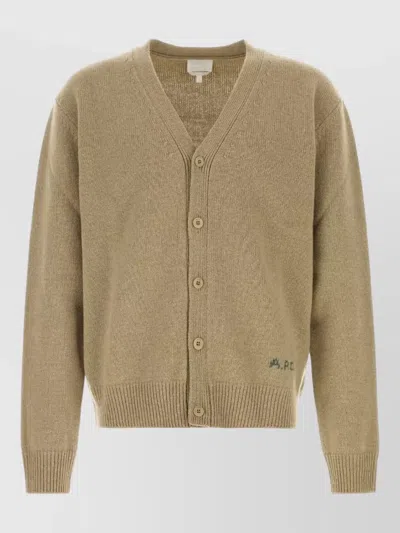 A.p.c. Wool Kevin Cardigan V Neckline Ribbed In Brown