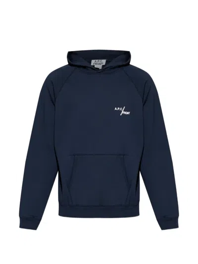 A.p.c. Cotton Fleece Hoodie With Silver Logo Detail In Blue