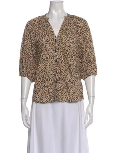 Pre-owned Apiece Apart Animal Print V-neck Blouse In Brown