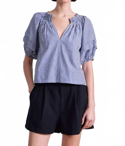 Apiece Apart Caminitas Puff Sleeve Top In Skinny Stripes Indigo/cream In Blue
