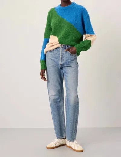 Apiece Apart Elle Textured Crew Neck Sweater In Cobalt And Clover In Green