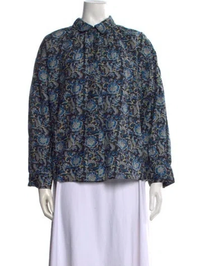 Pre-owned Apiece Apart Floral Print Long Sleeve Blouse In Blue