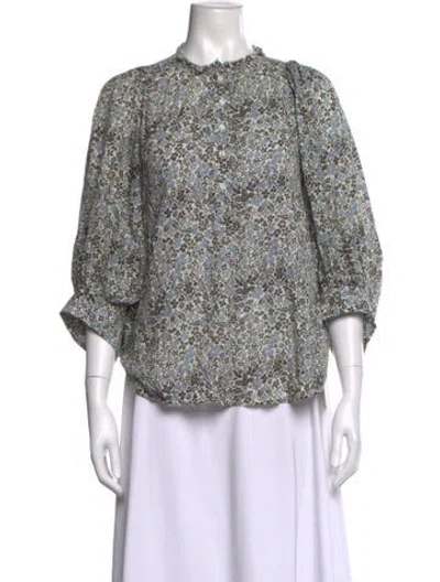 Pre-owned Apiece Apart Floral Print Mock Neck Blouse In Blue