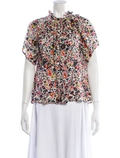 Pre-owned Apiece Apart Floral Print Short Sleeve Blouse In White
