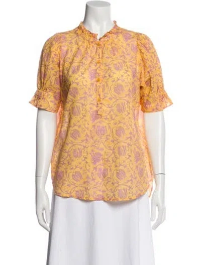 Pre-owned Apiece Apart Floral Print Short Sleeve Blouse In Yellow