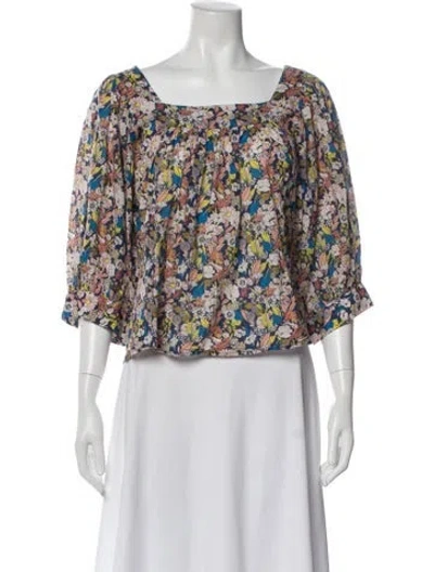 Pre-owned Apiece Apart Floral Print Square Neckline Blouse In Blue
