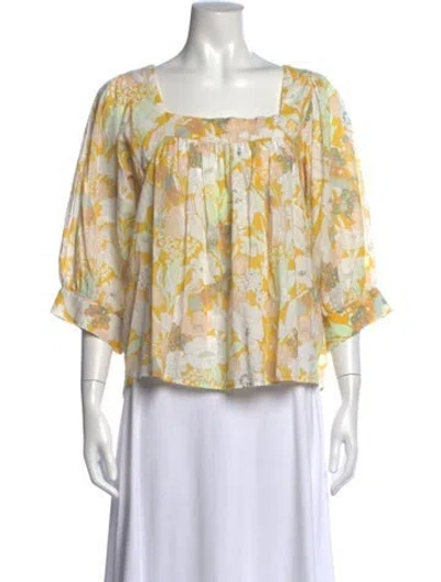 Pre-owned Apiece Apart Floral Print Square Neckline Blouse In Yellow