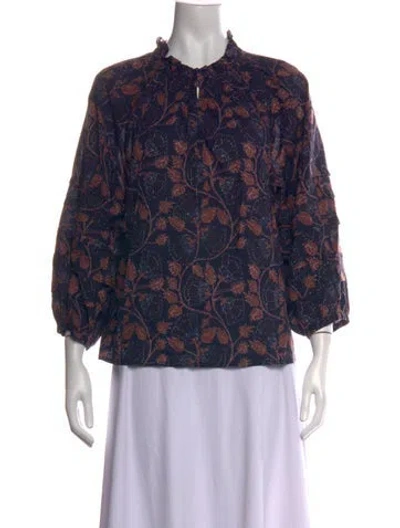 Pre-owned Apiece Apart Floral Print Tie Neck Blouse In Blue