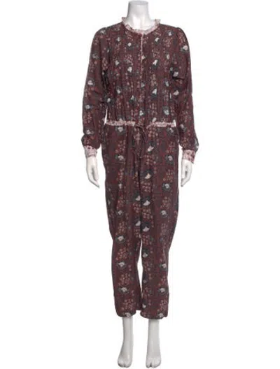 Pre-owned Apiece Apart Floral Print Tie Neck Jumpsuit In Brown
