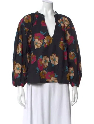 Pre-owned Apiece Apart Floral Print V-neck Blouse In Black