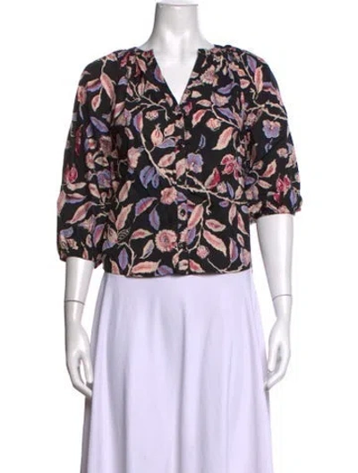 Pre-owned Apiece Apart Floral Print V-neck Blouse In Black