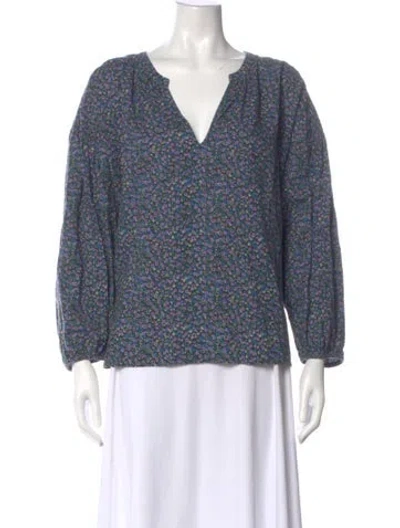 Pre-owned Apiece Apart Floral Print V-neck Blouse In Blue