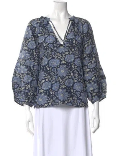 Pre-owned Apiece Apart Floral Print V-neck Blouse In Blue