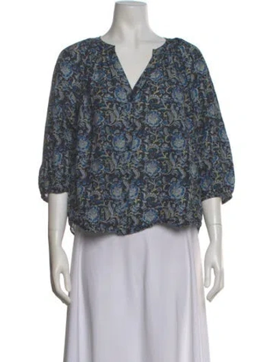Pre-owned Apiece Apart Floral Print V-neck Blouse In Blue