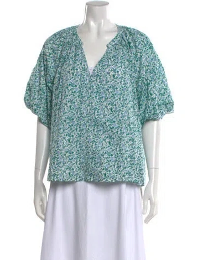 Pre-owned Apiece Apart Floral Print V-neck Blouse In Blue