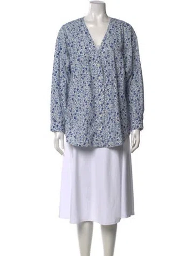 Pre-owned Apiece Apart Floral Print V-neck Blouse In Blue