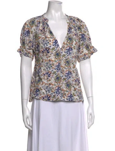 Pre-owned Apiece Apart Floral Print V-neck Blouse In Blue