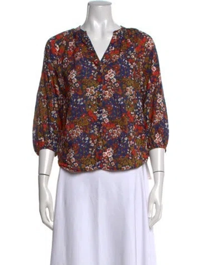 Pre-owned Apiece Apart Floral Print V-neck Blouse In Blue