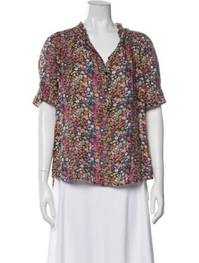 Pre-owned Apiece Apart Floral Print V-neck Blouse In Blue
