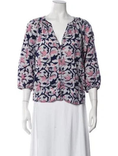 Pre-owned Apiece Apart Floral Print V-neck Blouse In Blue/pink