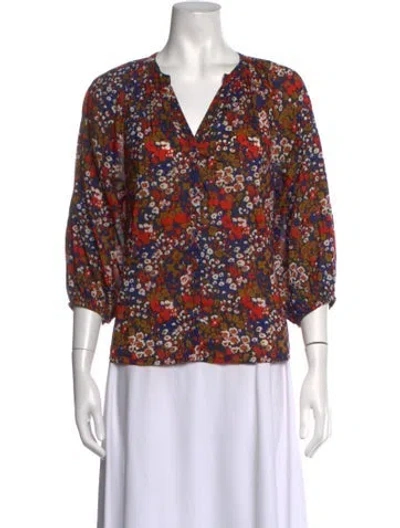 Pre-owned Apiece Apart Floral Print V-neck Blouse In Blue/red
