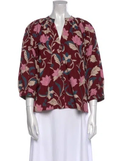 Pre-owned Apiece Apart Floral Print V-neck Blouse In Burgundy