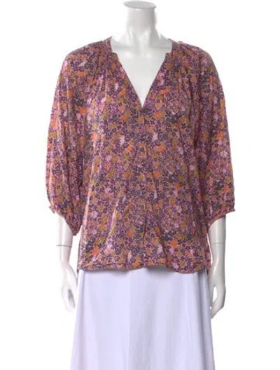 Pre-owned Apiece Apart Floral Print V-neck Blouse In Purple