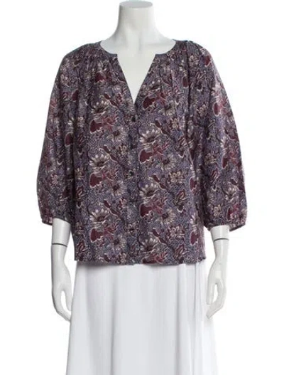 Pre-owned Apiece Apart Floral Print V-neck Blouse In Purple