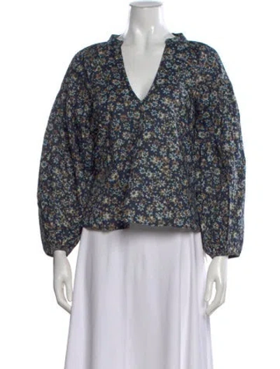 Pre-owned Apiece Apart Floral Print V-neck Blouse W/ Tags In Blue