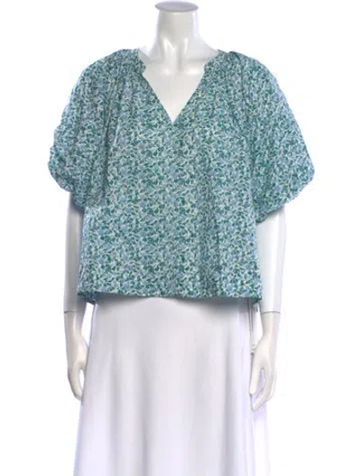 Pre-owned Apiece Apart Floral Print V-neck Crop Top In Blue