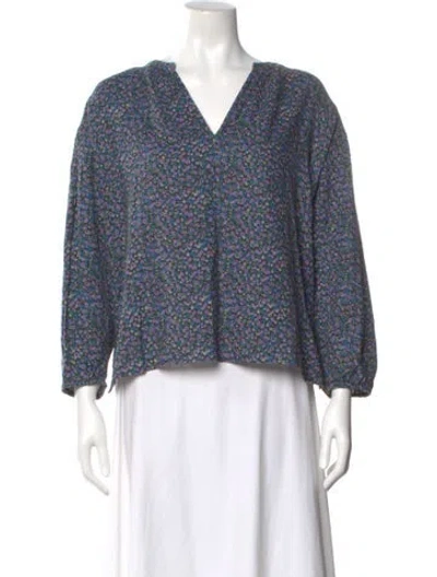 Pre-owned Apiece Apart Floral Print V-neck Top In Blue