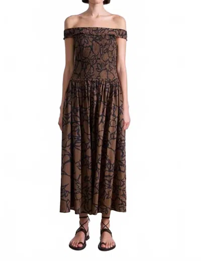 Apiece Apart Lace Floral Britt Off-shoulder Maxi Dress In Chocolate In Brown